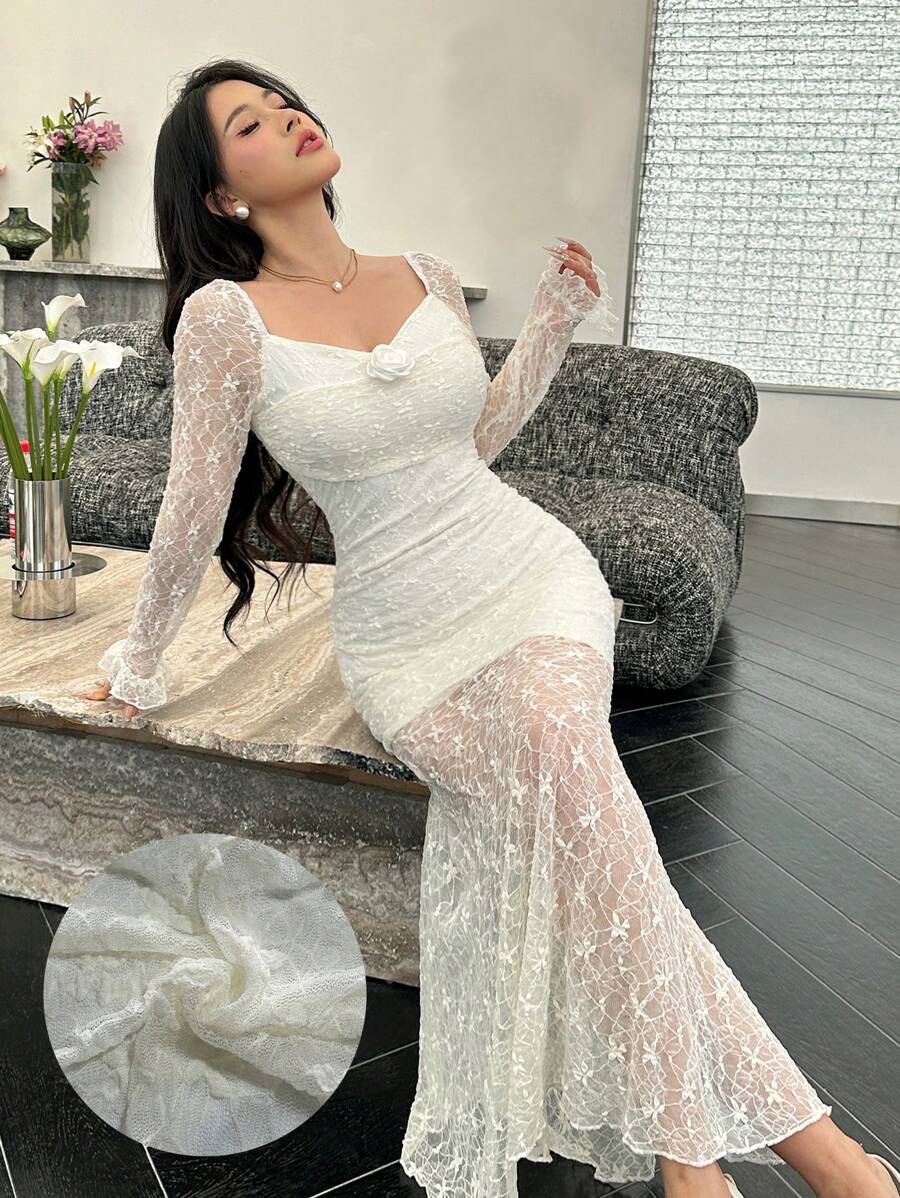 Modelyn Sukienka damska z długim rękawem i wzorem kwiatowym 3D z syrenką, elegancka - Biały - Zobacz 1