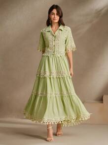 Anewsta Conjunto elegante y romántico de 2 piezas para mujer - Blusa con flecos y aplicación floral verde y falda larga, para primavera/verano