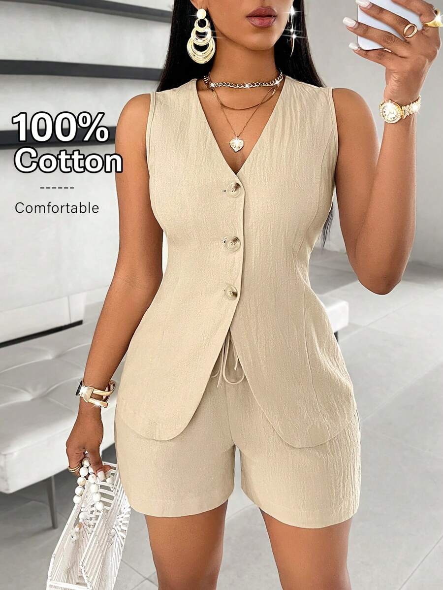 SOLERSUN Solid Button Front Vest Blazer & Shorts - Khaki - View 1