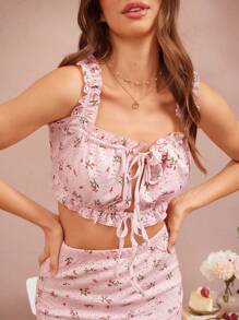 WESTFADE Western Two Pieces Brunch Outfit Summer Floral Printed Knit Pointelle Square Neck Bow Tie Front Ruffle Crop Tank Top & High Waist Fitted Mini Skirt Summer Beach Vacation Outfit