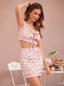 WESTFADE Western Two Pieces Brunch Outfit Summer Floral Printed Knit Pointelle Square Neck Bow Tie Front Ruffle Crop Tank Top & High Waist Fitted Mini Skirt Summer Beach Vacation Outfit