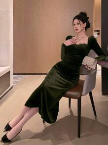 DAZY Đầm ren màu trơn dành cho nữ, đầm dự tiệc đi học, đầm thanh lịch mùa thu, đông. - màu xanh lá - Xem 3