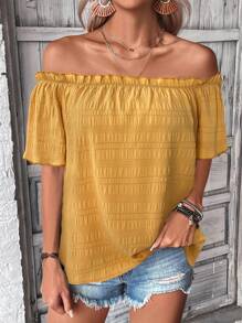 SHEIN LUNE Damska jednokolorowa bluzka z odkrytymi ramionami i krótkim rękawem, modna na wakacje