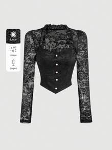 SHEIN MOD 大码女式黑色透视蕾丝边性感长袖衬衫，适合外出穿着。黑色蕾丝衬衫，黑色蕾丝上衣，蕾丝上衣，蕾丝衬衫，哥特式上衣，蕾丝长袖上衣 - 黑色 - 查看 1