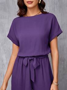 SHEIN Clasi Women's Elegant Round Neck Jumpsuit With Waist Belt And Wide Leg Purple - Purple - View 6