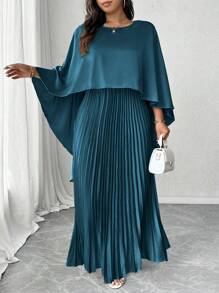 Elenzga Elegant 2pcs Set: High Low Cloak + Pleated Skirt - Cadet Blue - View 4