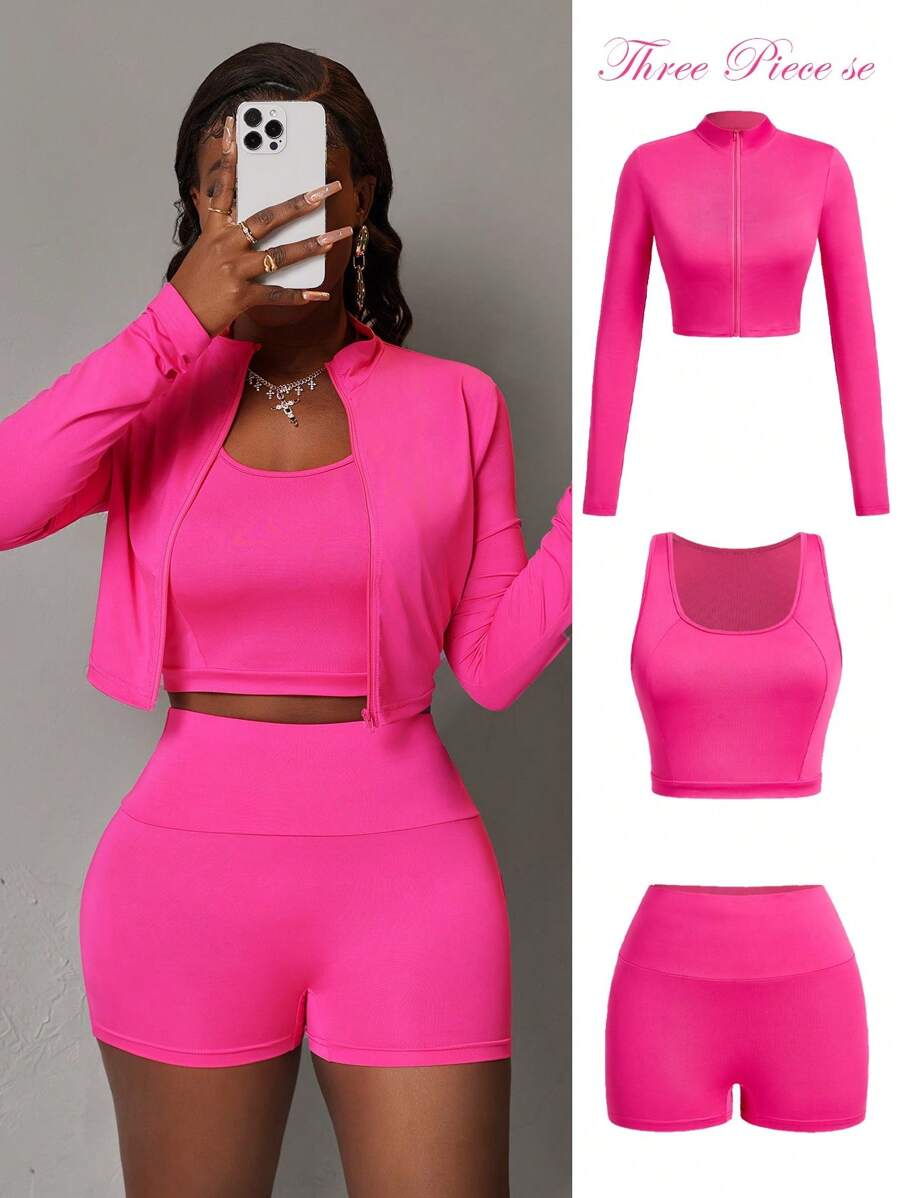 Slaydiva 3pcs Summer Women Sports Set: Zipper Half Stand Collar Tight Long Sleeve T-Shirt Jacket, Sleeveless Cropped Tank Top, Sports Shorts - Style B