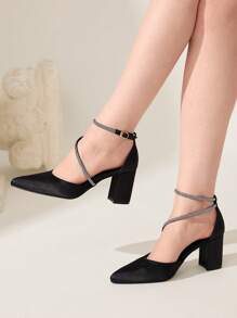 CUCCOO CHICEST Women's Fashion Black Satin Rhinestone Wrapped Ankle Strap Pointed Toe Chunky High Heel Pumps, Suitable For Commuting, Dates, Parties, Shopping, Holidays - Black - View 1