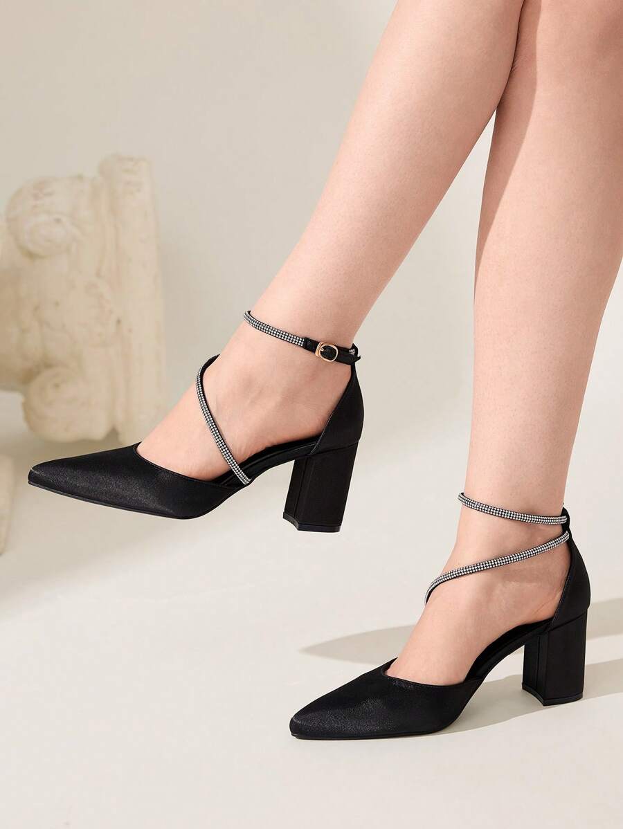 CUCCOO CHICEST Women's Fashion Black Satin Rhinestone Wrapped Ankle Strap Pointed Toe Chunky High Heel Pumps, Suitable For Commuting, Dates, Parties, Shopping, Holidays - Black - View 1