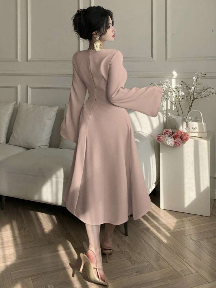 Solid Color V-Neck Flare Sleeve Tie-Up Mid-Length Dress For Women Prom Dress Elegant,Fall Dress Long Sleeve Dress