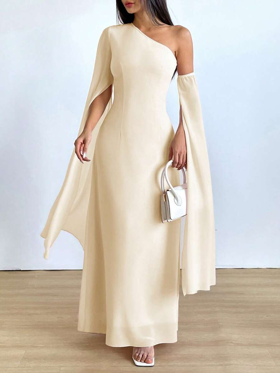 SHEIN Unity 女士优雅斜肩不对称领口开衩长袖收腰纯色 A 字连衣裙,春夏 - 杏色 - 查看 1