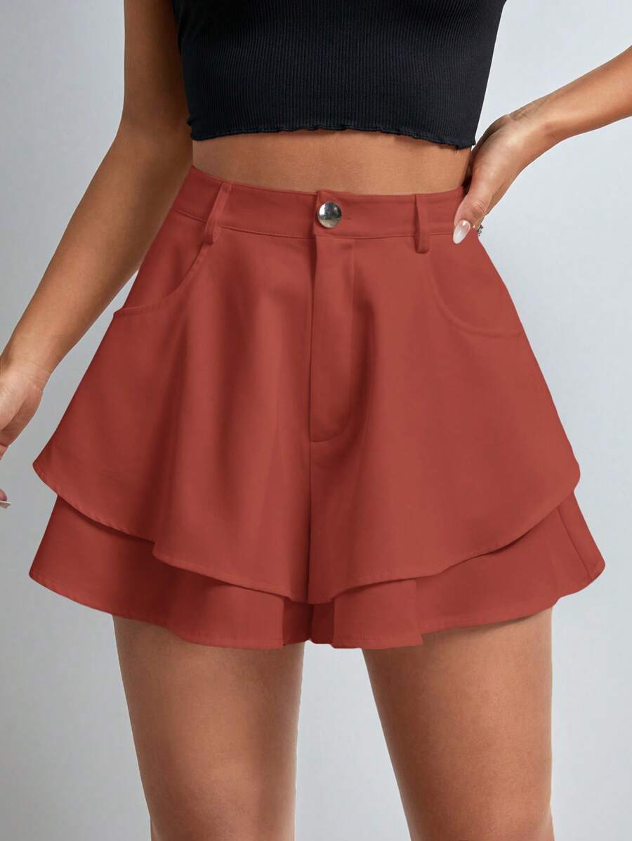SHEIN Essnce Quần short rộng rãi hai lớp màu trơn đơn giản - Ngọn lửa đỏ tươi - Xem 1