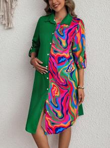 SHEIN Maternity Wavy Graphic Print Patchwork Dress - Multicolor - View 4