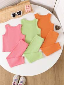 SHEIN Playful Pals 女嬰粉色夏季休閒可愛工作裝 心形印花無袖V領上衣&彈性腰長褲 6件組 春季戶外運動服裝套裝 - 彩色 - 查看 2