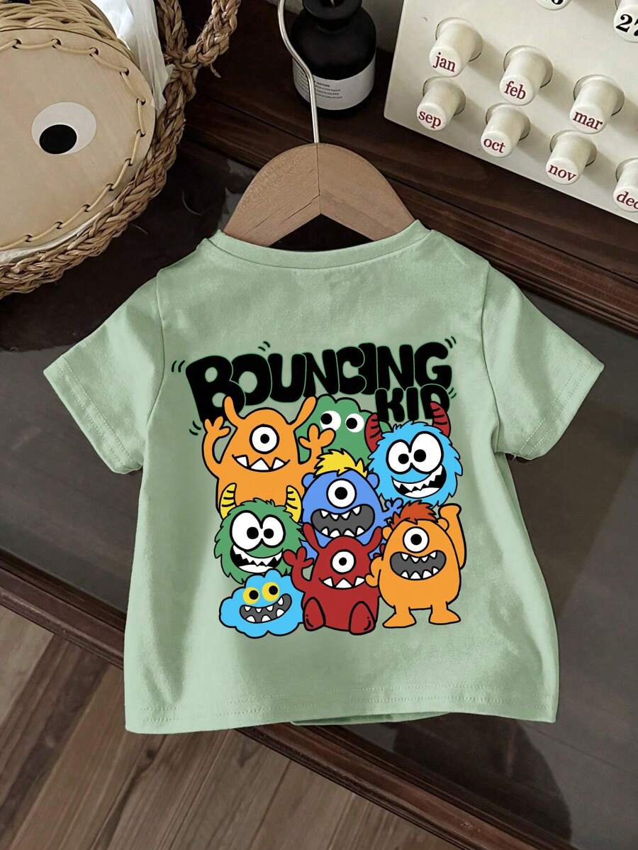 SHEIN 女宝宝休闲卡通图案短袖圆领上衣，适合夏季