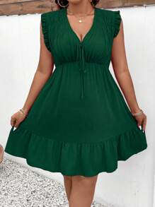 Breezaya 大码节日休闲纯色挂脖领荷叶边腰无袖连衣裙新年衣服