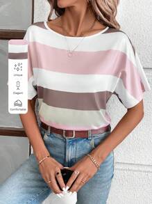 SHEIN LUNE 秋季粉紅條紋休閒鄉村音樂會女式緊身衣