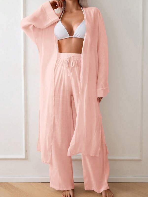 Swim Chiccia Conjunto de bata larga y pantalones de mujer de unicolor, manga larga, corte amplio y frente abierto