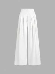 SHEIN MOD Women's High Waist Pleated Cinched Waist Wide Leg Pants, Party, Street, Goth, Preppy, Elegant, Party, Office Pants Women, New Years Women, New Years Eve Attire, Business Casual, Old Money Style, Academia, Work Clothes Women, Valentine Clothes Women In Fall/Winter - White - View 1