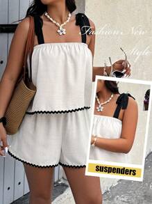SHEIN Clasi 1 Set Plus Size Women Color Block Twist Shoulder Cami Top And Shorts Two Pieces Casual Set - White - View 1