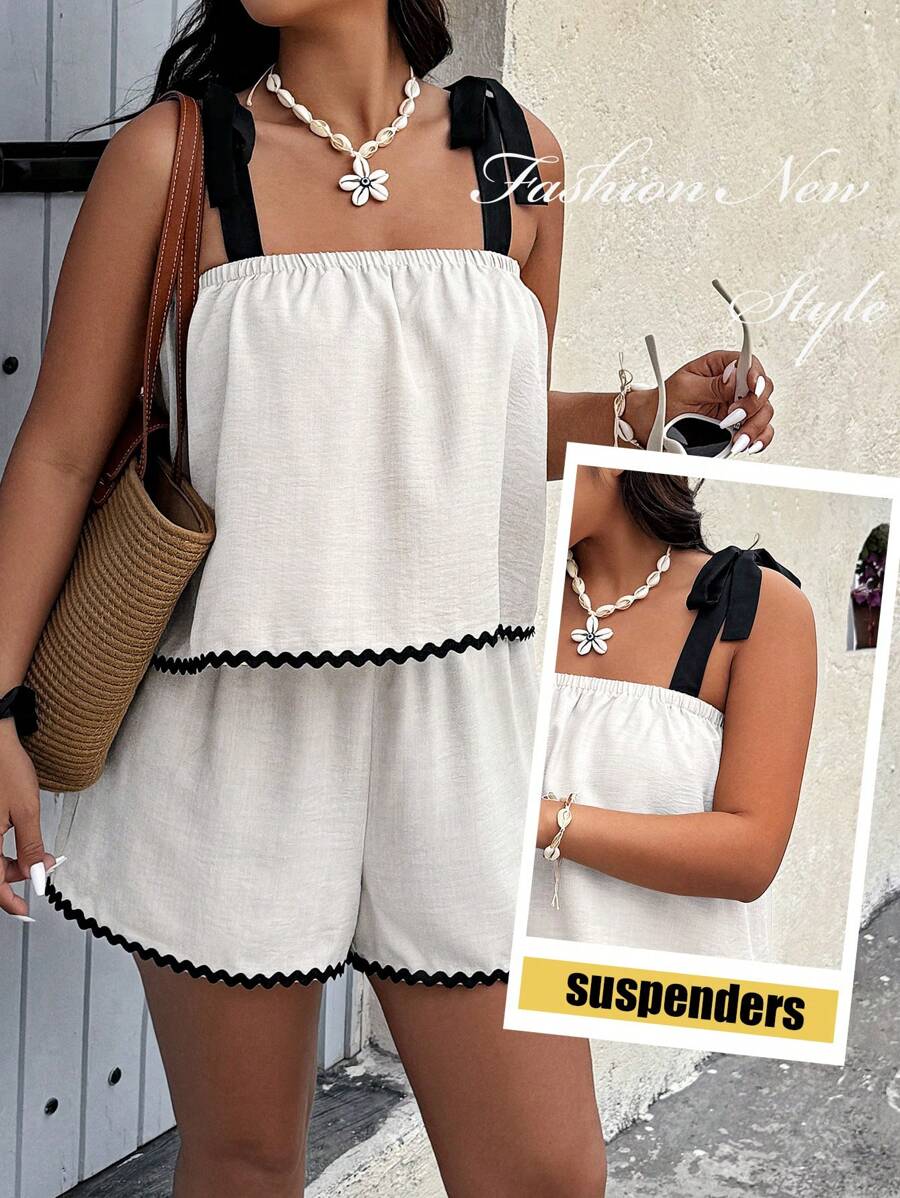 SHEIN Clasi 1 Set Plus Size Women Color Block Twist Shoulder Cami Top And Shorts Two Pieces Casual Set - White - View 1