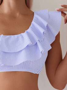 SHEIN Swim Women's Casual Random Striped Floral Print Ruffled Crop Top And Sexy High Waist Bikini Set, Spring/Summer - Multicolor - View 5