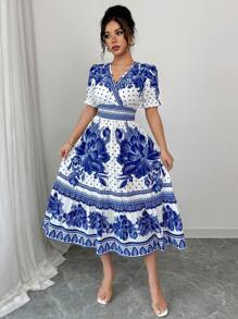 Elenzga Women's Vacation Blue & White Floral Puff Sleeve Cinched Waist Midi Dress, Spring/Summer - Blue and White - View 6