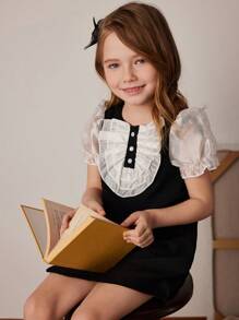 PrepCrw Young Girls' Contrast Color A-Line Chiffon Dress With Puff Sleeves, For Spring/Summer - Black and White - View 1