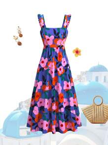 Vivid Eden Váy suông hai dây in hoa dệt mùa hè dành cho nữ, phong cách Bohemian, BOHO, ngọt ngào, trang phục lễ hội Rave, trang phục nữ đi nghỉ nhiệt đới, lễ hội hóa trang - Màu xanh hải quân - Xem 2