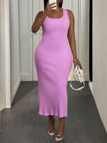 Slaydiva Plus Size Solid Color Sleeveless Fitted Dress - Purple - View 1