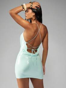 MISSGUIDED Vestido mini con escote halter, lentejuelas, para fiesta, club nocturno, noche brillante, espalda cruzada, brillo, moda de invierno y vacaciones, ajustado al Body - Azul - Ver 2
