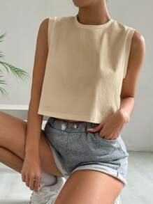 SHEIN Essnce 宽肩带休闲短款背心，简约时尚，适合夏季 - 米色 - 查看 5