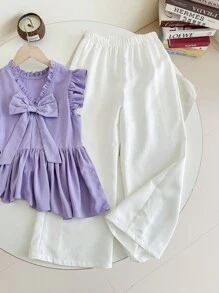 SHEIN Leap Crew 女童编织可爱不对称荷叶边刺绣蝴蝶结装饰衬衫和休闲优雅喇叭裤两件套，薰衣草色，适合春季外出、度假、花园茶会、休闲外出