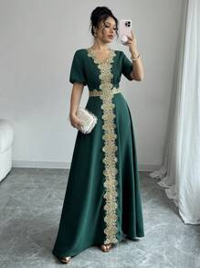 Elenzga Elegant Ruffle Patchwork Flared Dress - Green - View 1