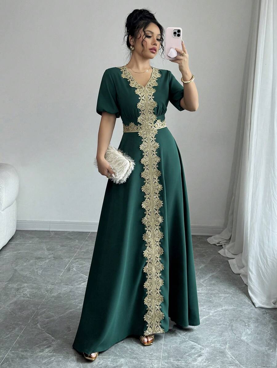 Elenzga Elegant Ruffle Patchwork Flared Dress - Green - View 1