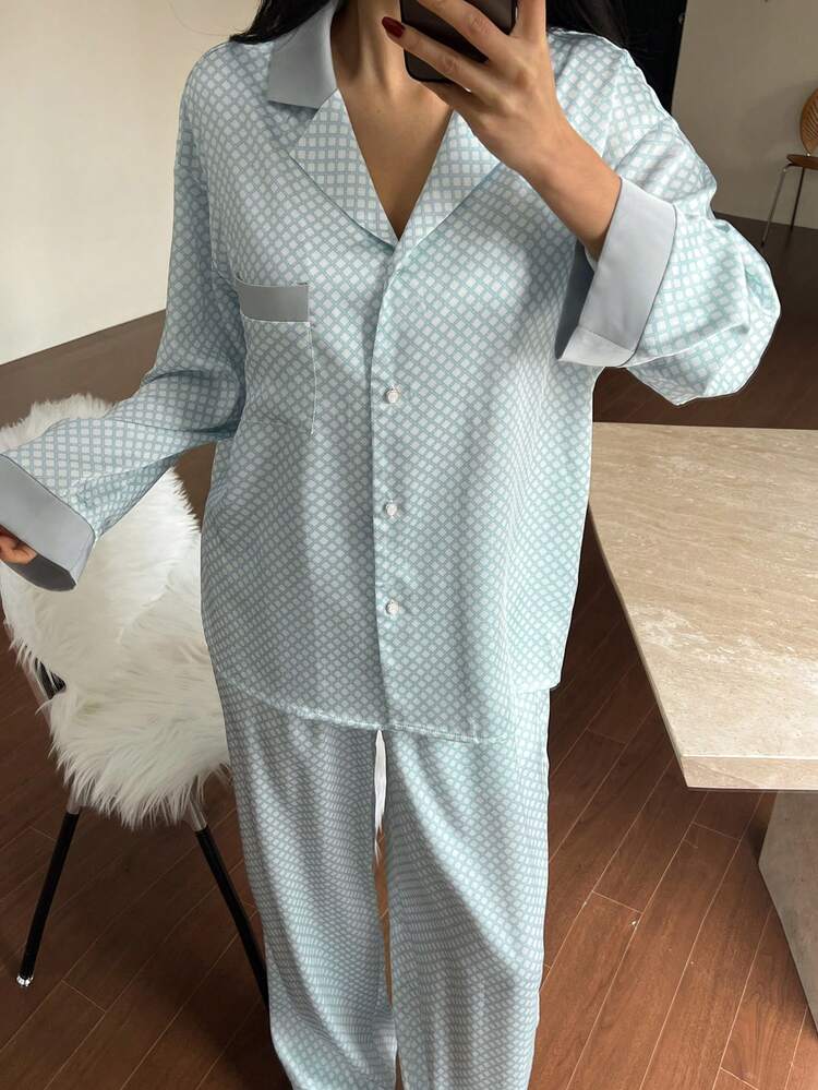 Loose Plaid Long Sleeve 2pcs Women Pajama Set, Fall Winter Clothes