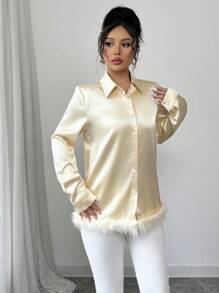 Elenzga Women's Fuzzy Splice Office Shirt - Gold - View 3