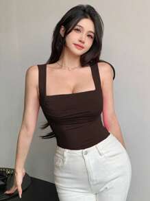 DAZY Women'ssummer Sexy Minimalist Loose Pleated Chest Design Camisole - Coffee Brown - View 8