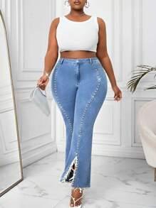SHEIN Lady Plus Size Sexy Skinny Stretch Flared Jeans, Blue - Medium Wash - View 2