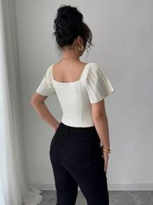 Elenzga 女士褶皱短袖紧身腰优雅衬衫 - 杏色 - 查看 2