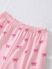 Tween Girl Cute Pink And White Striped Classic Bow Collar Button Front Short Sleeve Shorts 2 Pieces Casual Comfortable Pajama Set,Summer,Travel,Sleep - Pink - View 5
