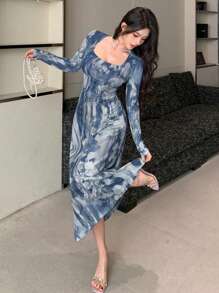 DAZY Vestido midi envolvente con efecto tie-dye para mujer, estilo sexy, vestido elegante de manga larga para primavera y otoño - Azul Marino - Ver 4