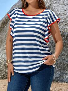 EMERY ROSE Plus Size Striped Short Sleeve T-Shirt, Minimalist & Fashionable, Suitable For Summer Tropical Vacation Woman Clothes Beach Ruffle - Multicolor - View 5