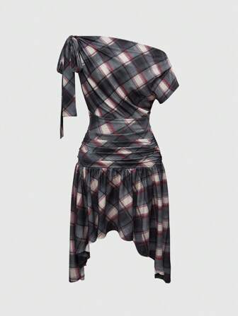 Grunge Punk Retro Chic Asymmetric Shoulder Design, Waist Ruched Asymmetrical Hem Plaid Print Dress