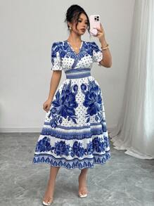 Elenzga Women's Vacation Blue & White Floral Puff Sleeve Cinched Waist Midi Dress, Spring/Summer - Blue and White - View 4