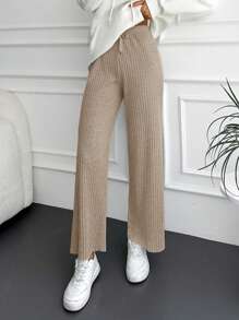 EURMUSE Quần ống đứng lưng rút dây đan gân cotton trơn - Màu be - Xem 5