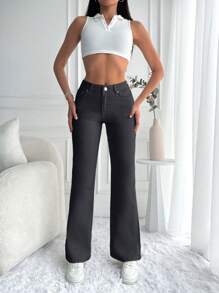 Cottnline Casual Solid Flare Leg Jeans - Black - View 5