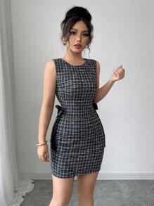 Elenzga 无袖圆领收腰优雅浪漫中长连衣裙，适合女士、办公室和通勤穿着 - 黑色 - 查看 4