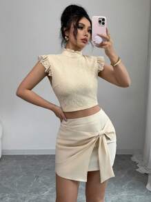 Elenzga 2 件女士优雅浪漫蕾丝拼布盖袖蝴蝶结领衬衫套装 - 杏色 - 查看 3