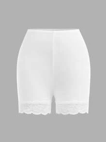 2pcs/Set Tween Girls Fitted Casual Minimalist Lace Trim Shorts And Leggings Set - Black and White - View 3